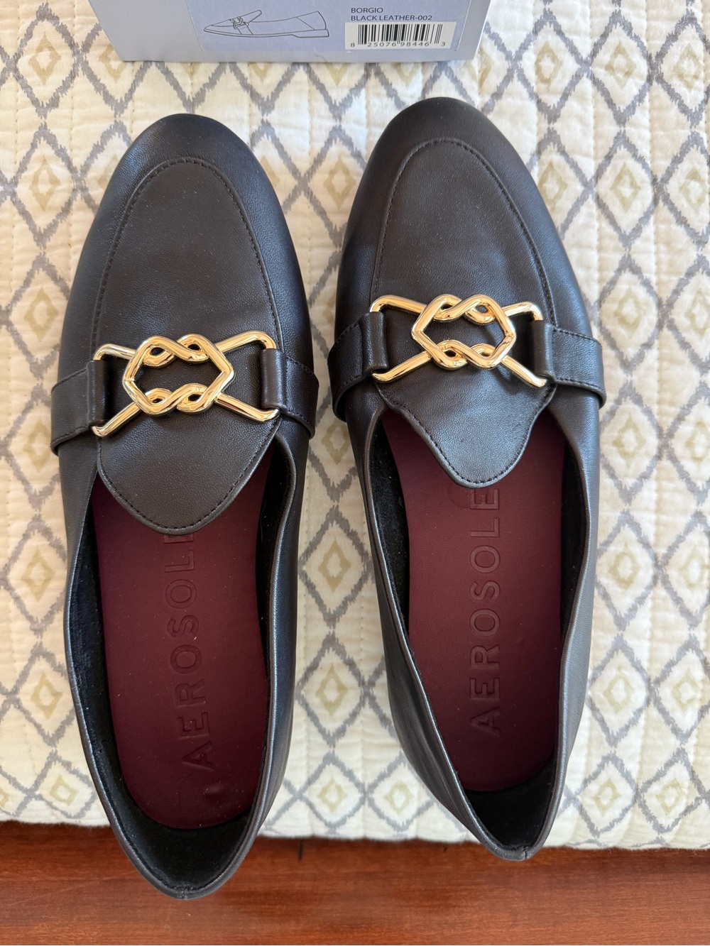 AEROSOLES Black Leather Loafers with Gold Chain Accent
